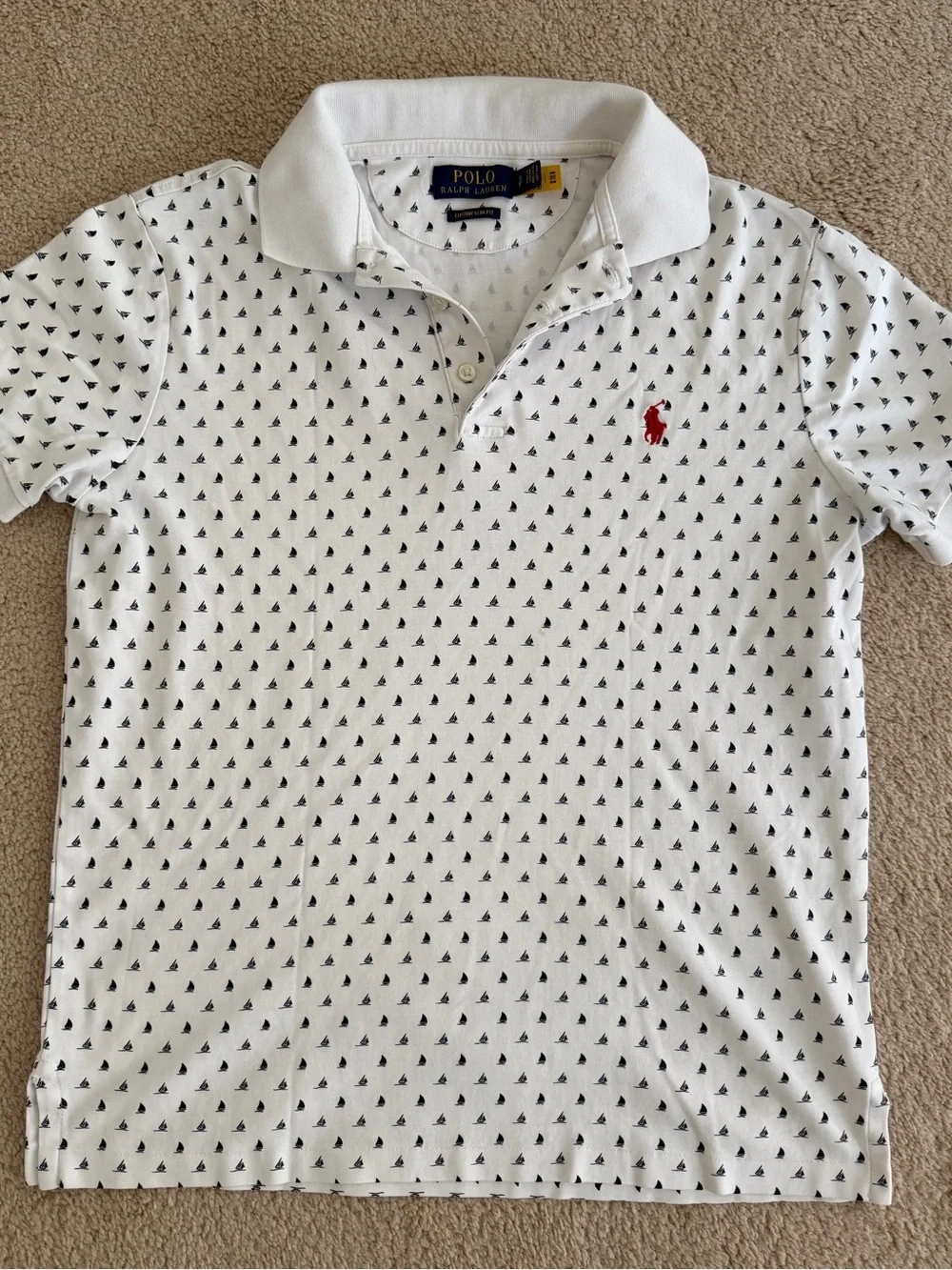Polo by Ralph Lauren White Polo with Navy Sailboat Print and Gold Logo